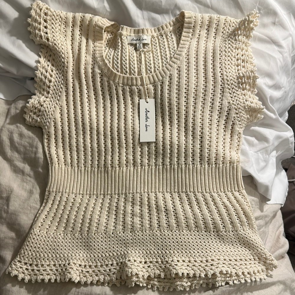 Another Love Cream Ribbed Ruffled Peplum Blouse